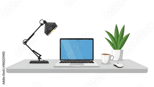 A modern desk workspace setup featuring a laptop, desk lamp, plant, coffee cup, and mouse, all arranged on a gray surface with a white background