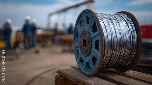 Wallpaper Mural Industrial spool of wire on a construction site with workers in the background Torontodigital.ca