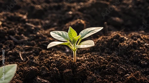 A young green seedling sprouting from rich fertile soil in warm sunlight. Concept of new life and growth for agriculture, business development or environmental themes