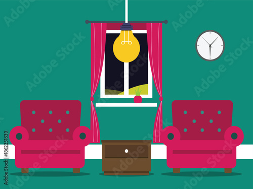 Cozy living room with two armchairs and a bedside table vector illustration.