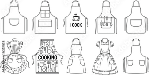 Kitchen apron line icons set featuring cooking aprons, chef uniforms, baking outfits, and culinary accessories, detailed outline illustrations isolated on white background for food, restaurant, 