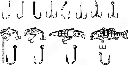 Fishing hooks and lure line icons set featuring tackle equipment, bait designs, and angling accessories, detailed outline illustrations isolated on white background for sport fishing and outdooR