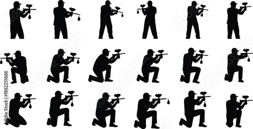 Paintball player silhouettes set showing men aiming markers in standing and kneeling action poses, tactical sport scenes isolated on white background for extreme sports and recreation concepts