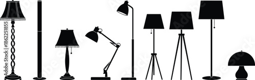Modern lamp silhouettes collection featuring table lamps, floor lamps, desk lights and decorative lighting designs, black furniture silhouettes isolated on white background