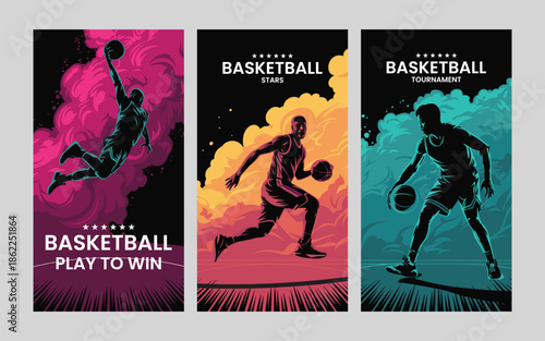 Dynamic Basketball Action Poster Designs with Players, Vibrant Colors & Motivational Slogans