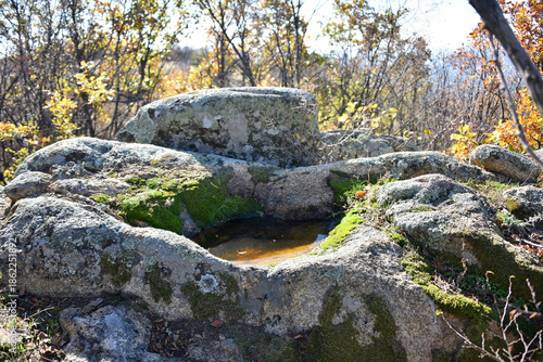 A rock formation with a hollow carved into it containing water an ancient Thracian sanctuary an altar an offering a ceremony autumn vegetation nature flora