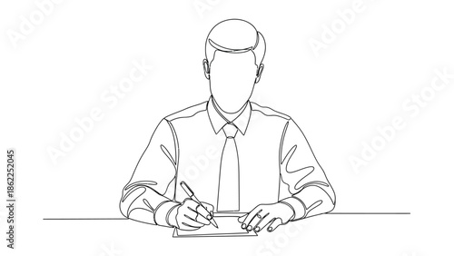 A continuous line drawing showcases a businessman seated at a desk actively writing with a pen demonstrating focus and professional engagement