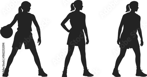 Female basketball player silhouettes set showing standing and holding ball poses, black athletic woman figures isolated on white background for sports and fitness design