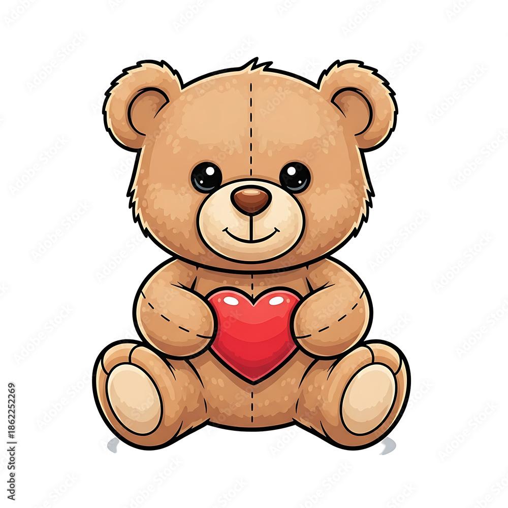 Fototapeta premium Cute cartoon teddy bear holding a red heart.