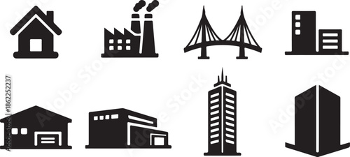 Collection of various city buildings and structures in black silhouette on white background