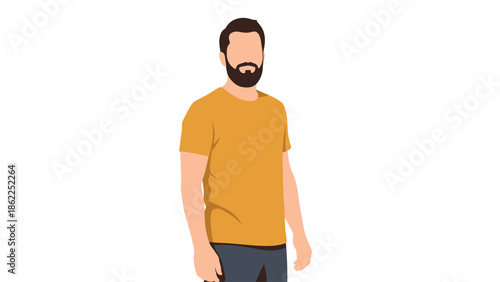 a digital illustration depicts a man with a beard wearing a mustard yellow t shirt and dark pants facing slightly to