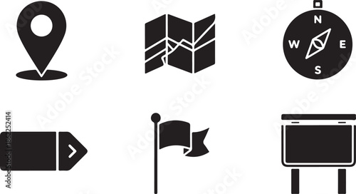 Collection of navigation icons including map markers, compasses, flags, and directional