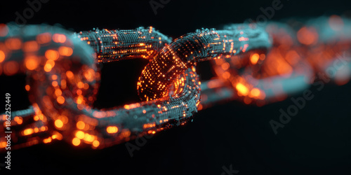 Futuristic neon chain links made of data and binary code, luminous glow on dark backdrop, blockchain security symbolism