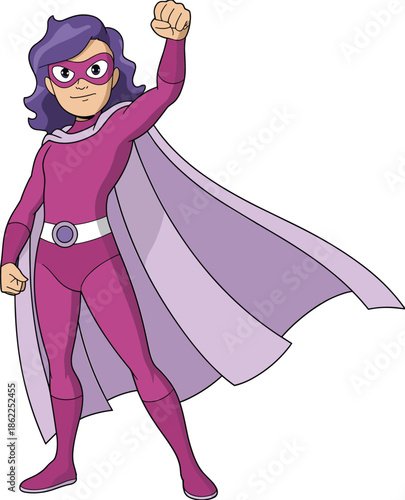 Female superhero character illustration in purple costume with cape, strong confident pose, cartoon hero concept for comics, kids design, animation, and creative projects
