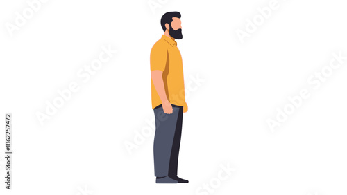 A minimalist illustration depicts a bearded man in a casual outfit standing in profile facing towards the left side