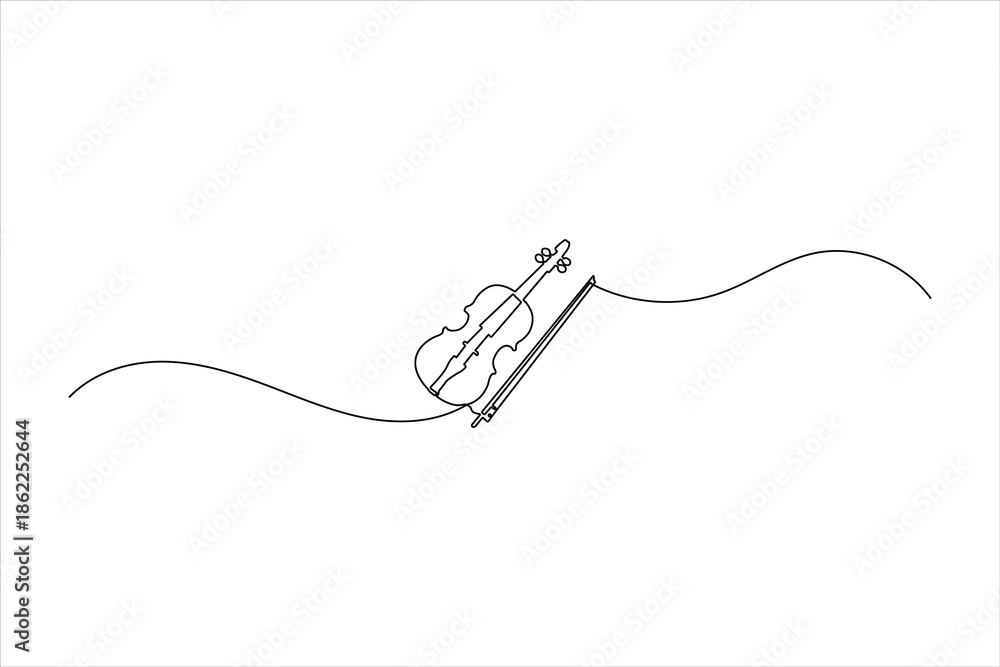 Fototapeta premium Minimalist one-line art of a violin with a bow and flowing wave, perfect for classical music logos, concert posters, and elegant graphic design.