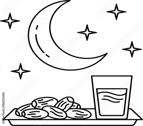 Ramadan iftar illustration with dates and water under crescent moon and stars, Islamic fasting, spirituality and evening meal concept