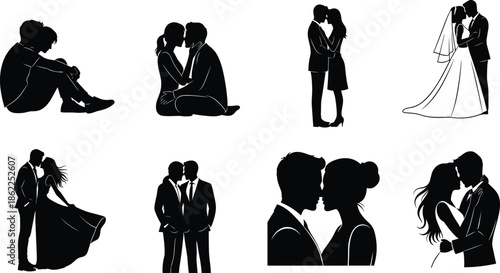Romantic couple silhouette collection showing love, kissing, wedding and intimate moments, elegant relationship and Valentine’s Day concept illustration