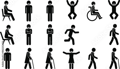People pictogram icon set showing different activities, mobility, disability and everyday actions, universal human symbols isolated on white background