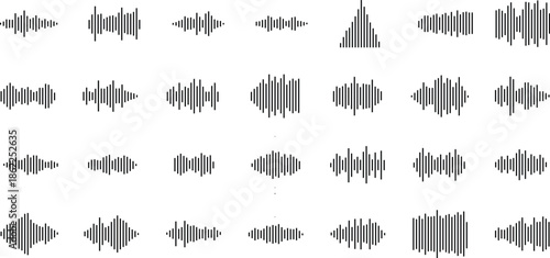 Collection of various distorted black and white sound wave patterns
