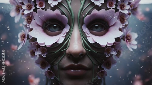Surreal beauty portrait of an adult woman wearing an intricate flower mask. Close up of a fantasy goddess with glowing particles and a mysterious magical atmosphere
