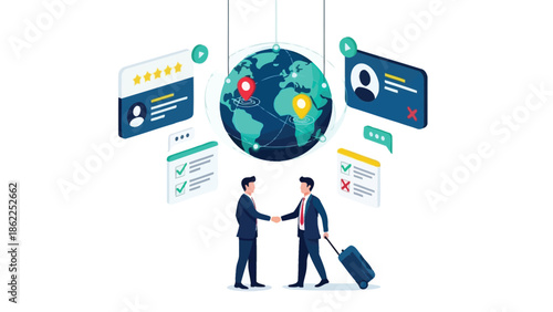 A global business partnership is illustrated with a handshake digital connections and a world map backdrop representing international collaboration