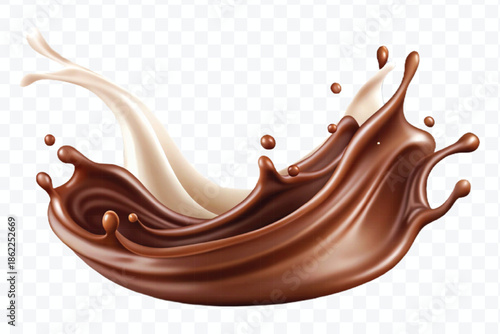 realistic 3d dynamic splash of  chocolate with milk in curve style isolated on transparent background	
