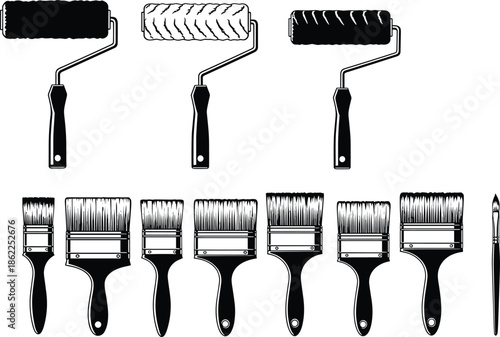 Set of painting tools silhouettes including paint rollers and brushes isolated on white background for renovation, construction, DIY, and home improvement design use