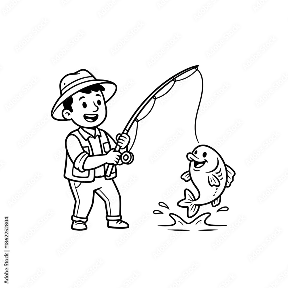 Fototapeta premium cartoon boy character fishing catching fish line icon