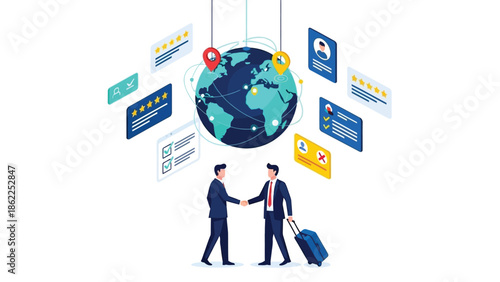 Global business connections and international collaboration illustrated with a world globe and shaking hands between professionals