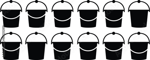Black bucket silhouettes set with handles, simple container icons isolated on white background for cleaning, construction, household, and utility design concepts