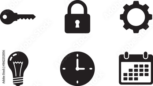 Black and white business icons set including locks, keys, gears, light bulbs, clocks