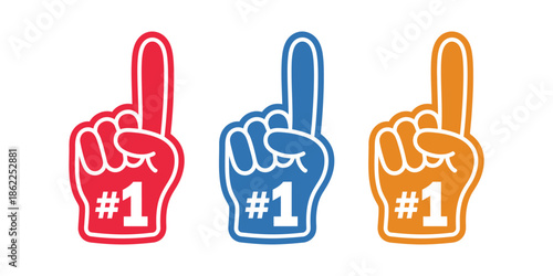 Fan glove icon number 1 with raised finger, foam hand supporter symbol for sports fandom, championship celebration, motivational visuals, social media graphics, and promotional design layouts.