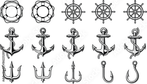 Nautical maritime icons set featuring anchors, ship wheels, lifebuoys, tridents, and hooks in vintage line style isolated on white background