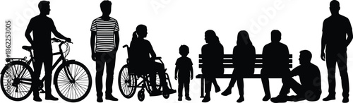 People silhouettes set showing adults, children, wheelchair user, bicycle rider, and seated figures in everyday urban life scenes isolated on white background