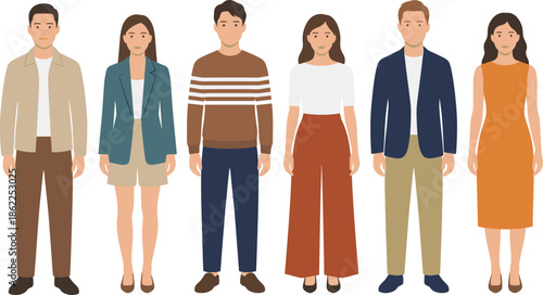 Modern flat people illustration set showing men and women in casual and smart outfits, standing front view, contemporary lifestyle characters isolated on white background