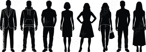 Men and women silhouettes in casual and formal outfits, standing people figures set isolated on white background for fashion, lifestyle, and design concepts