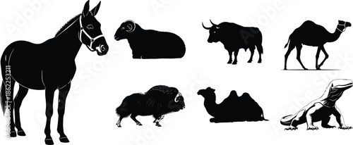 Desert animals silhouettes black and white illustration