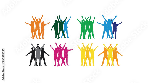 A vibrant collection of silhouettes depicts diverse groups of people with arms raised in joyful celebration and unity