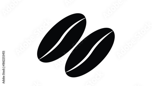 A simple black and white depiction of two coffee beans arranged in a slightly overlapping stylized and modern design