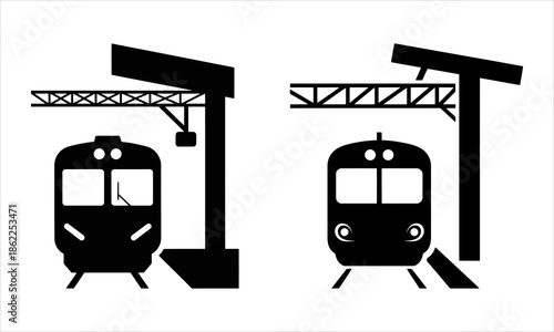 Minimalist Railway Station Platform Icon Set, Modern Train Front Silhouette, Transit Graphics