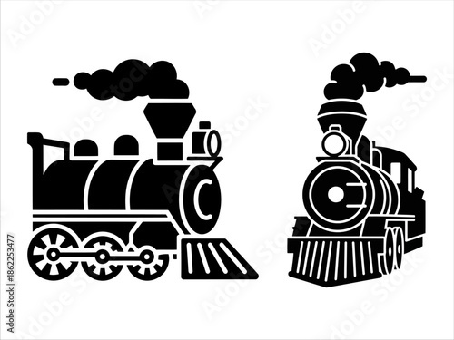 Vintage Steam Locomotive Silhouette Set, Classic Train Engine Icons, Retro Railway Transportation