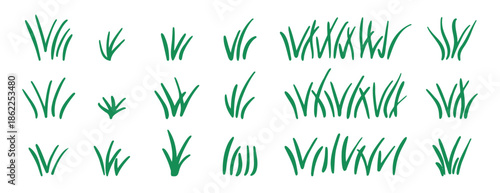 Doodle bunch of grass. Hand drawn lawn bush of grass icon hand drawn set. Outline grass line drawing clipart symbol collection