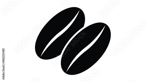 A minimalist illustration features two dark elongated coffee beans positioned closely together on a clean white background