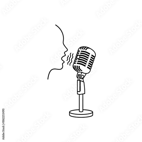 person speaking into vintage microphone line icon for podcast or broadcast
