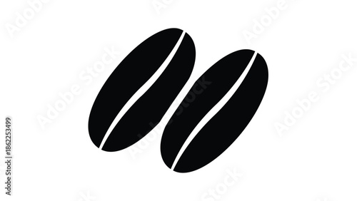 A simple black and white illustration depicts two coffee beans showcasing their typical elongated and slightly curved form