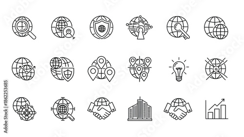 A collection of linear style icons depicting global connections data analysis security and innovative business solutions