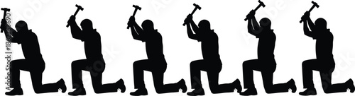 Worker silhouettes showing kneeling man hammering sequence, construction labor action poses isolated on white background for industry, building, and repair concepts