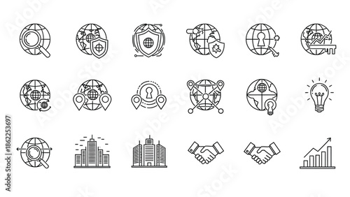 A collection of diverse line icons representing global business technology innovation and strategic partnership concepts vividly