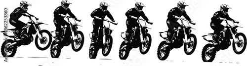 Motocross rider silhouettes showing dirt bike jump sequence, extreme off-road motorcycle action isolated on white background for sports, speed, and adventure concepts